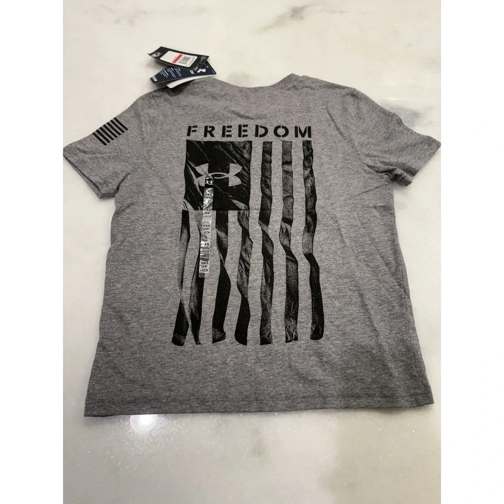 Under Armour Freedom Flag TShirt Boys YXS Gray Graphic Short Sleeve Tactical Tee